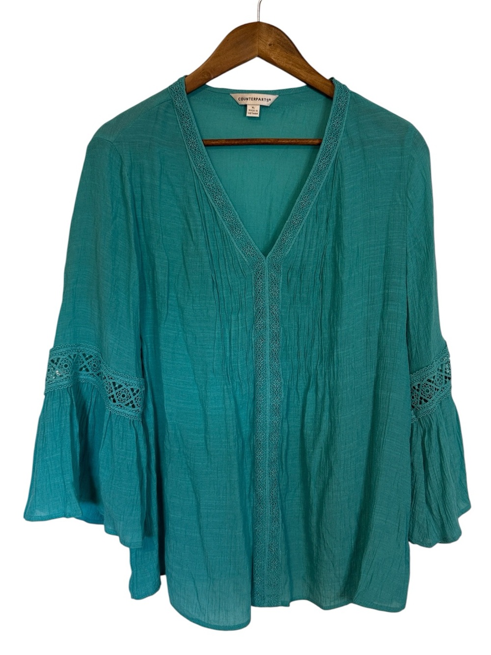 Counterparts V Neck Bell Sleeve Pleated Blouse Teal Blue Beach Boho XL Coastal
